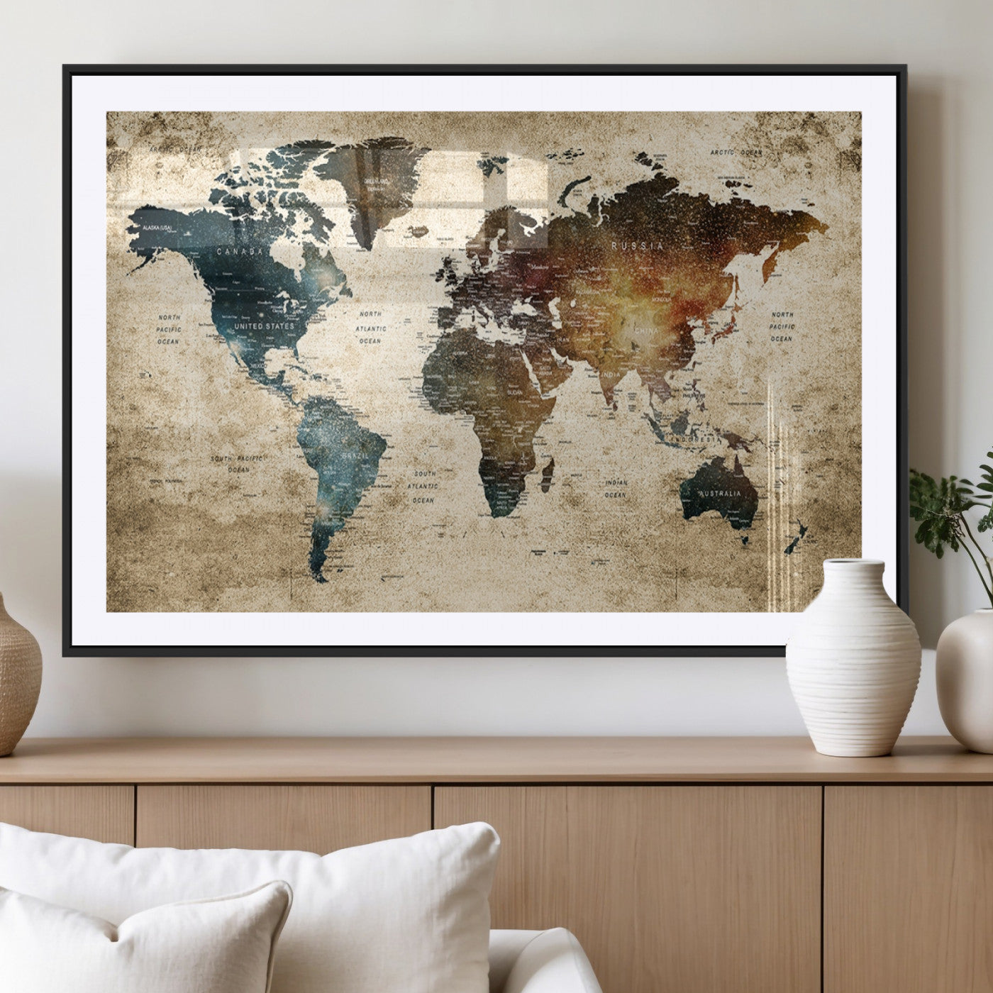 MGC-FP-36x24 - Push Pin World Map Canvas Print – Framed Wall Art for Couples to Track Their Travels – Anniversary