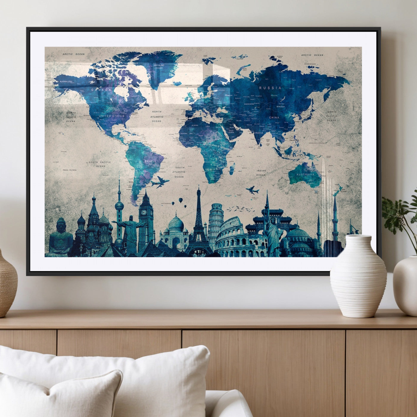 MGC-FP-36x24 - Navy Blue World Map Canvas Print, Wonder of World Map Push Pin Canvas Print