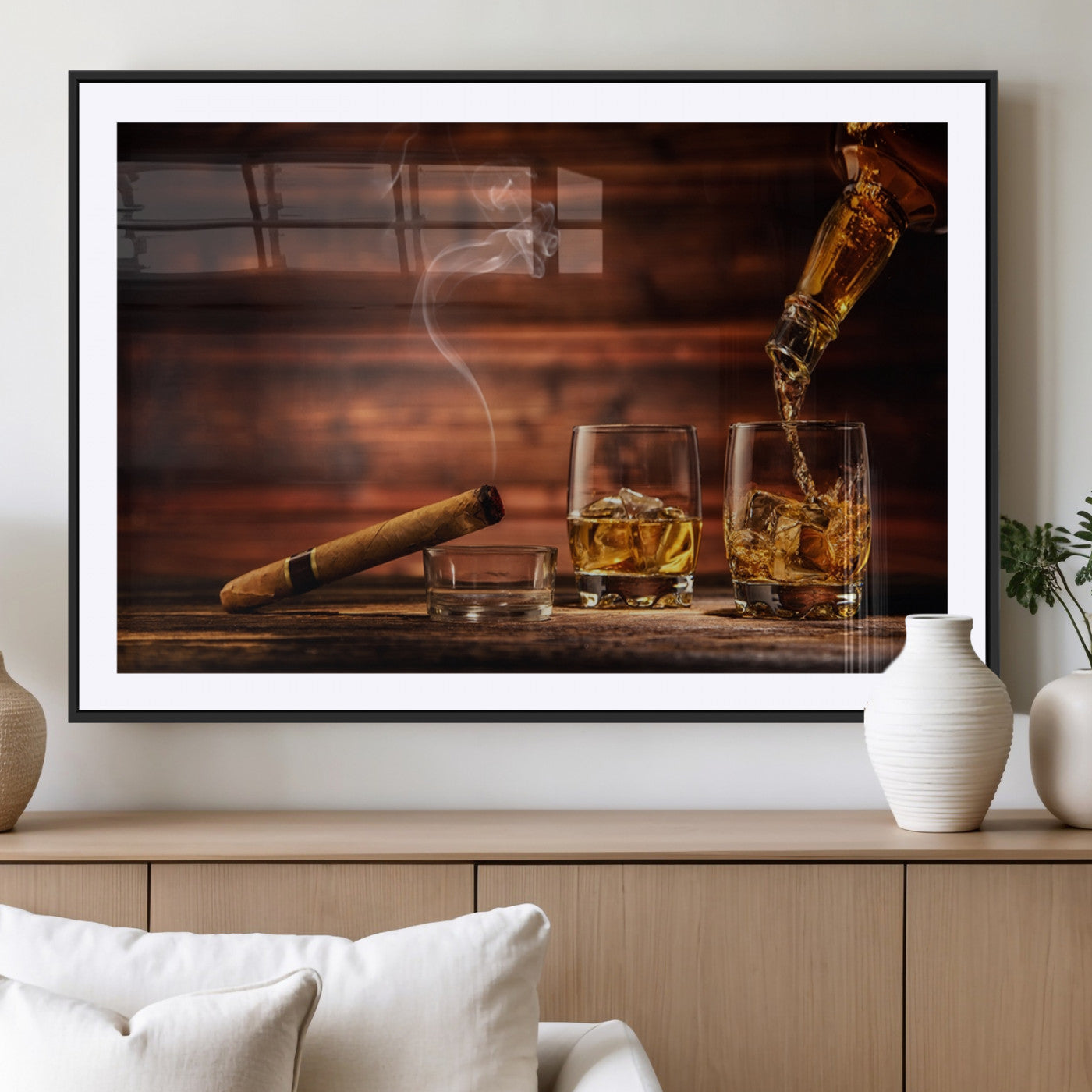 MGC-FP-36x24 - Whiskey and Cigar Wall Art Canvas | 3 Panel Bar Room Decor for Home Lounge, Office, or Man Cave |