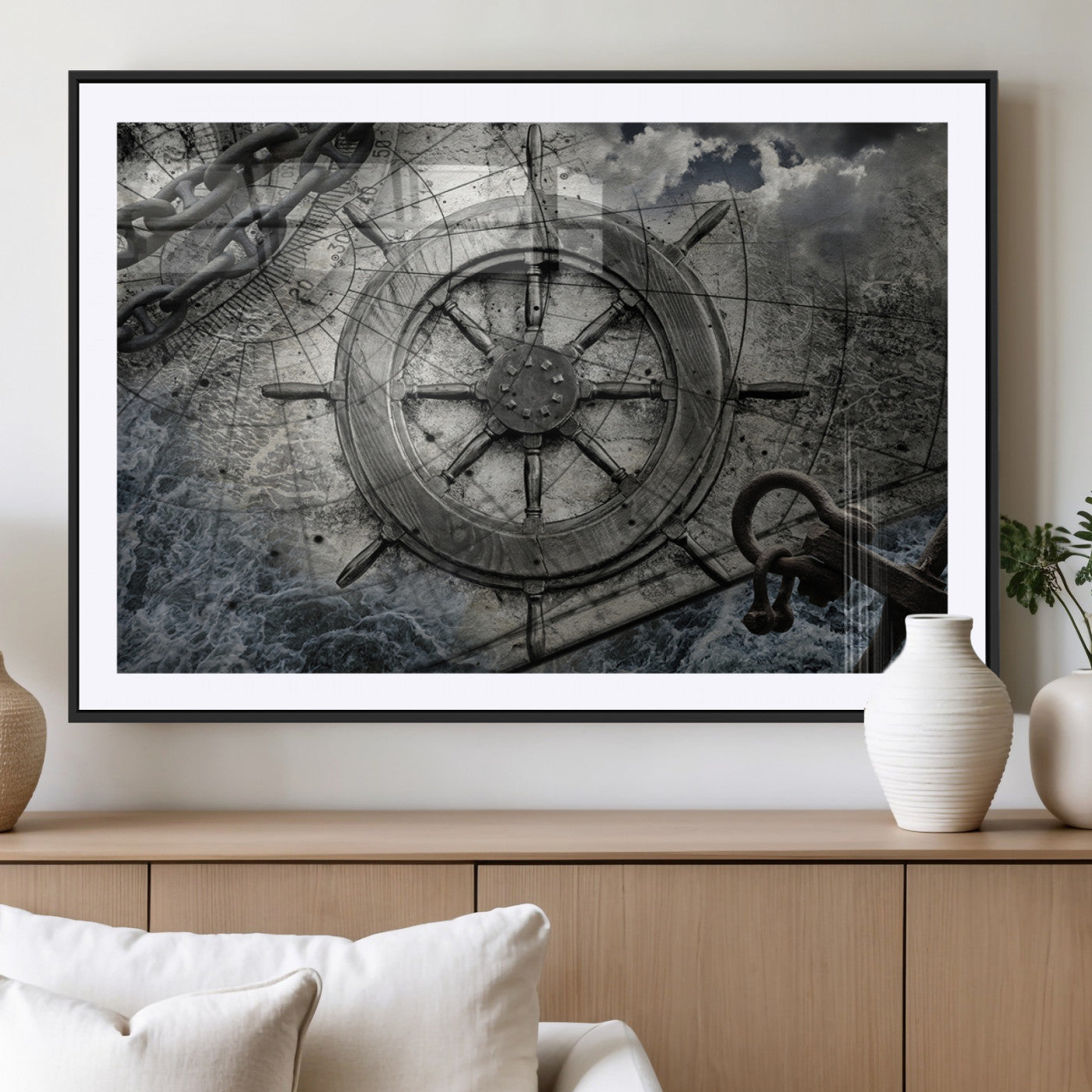 MGC-FP-36x24 - Ship Steering Wheel Vintage Wall Art Canvas Print