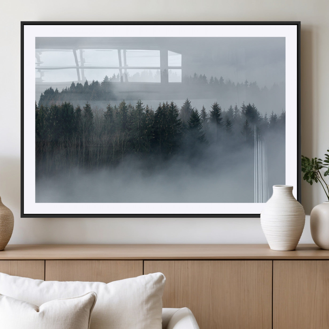 MGC-FP-36x24 - Autumn and Misty Trees in the Forest Wall Art Canvas Print, Foggy Forest Mountain Wall Art Canvas