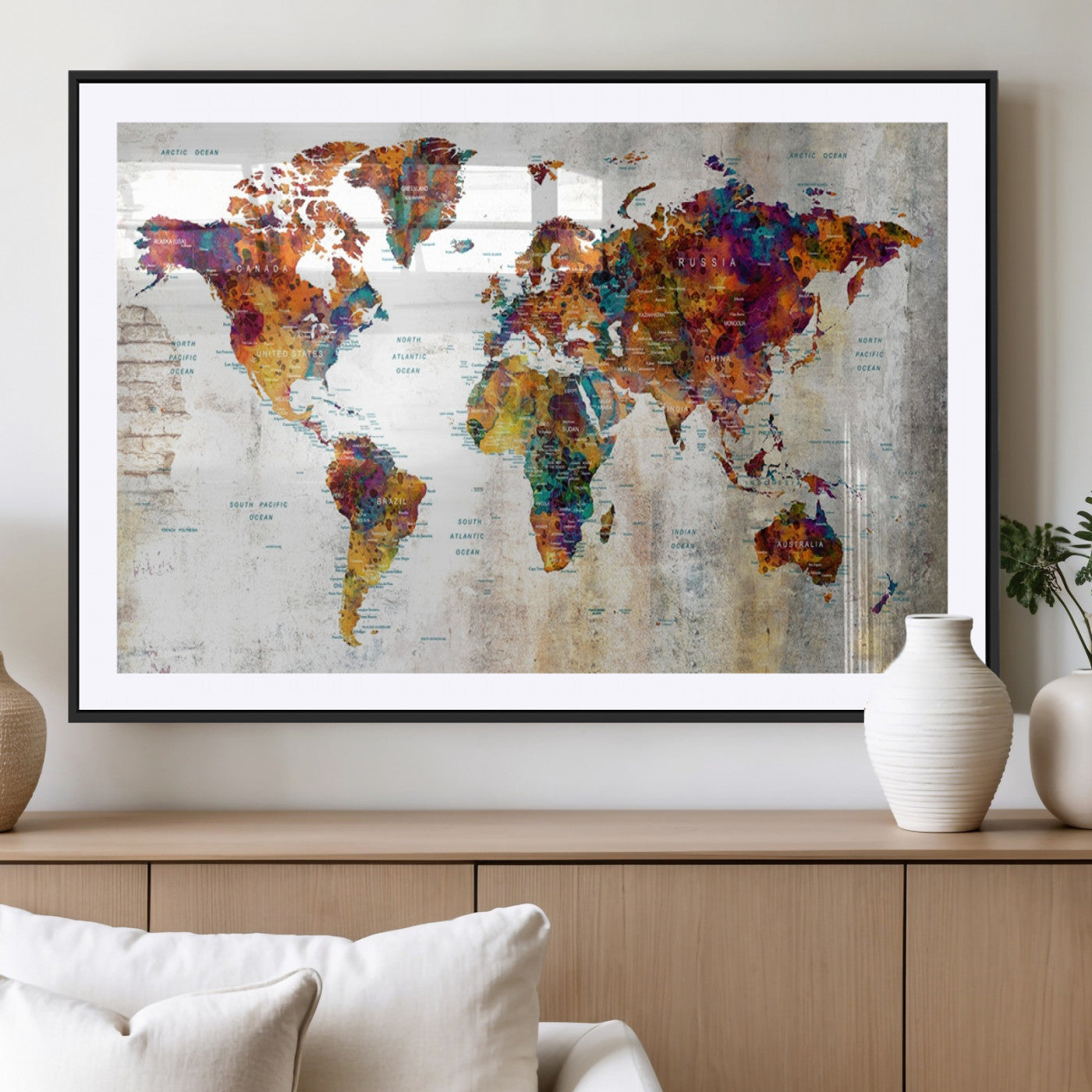 MGC-FP-36x24 - Push Pin World Map Canvas Print – Framed Wall Art for Couples to Track Their Travels – Anniversary