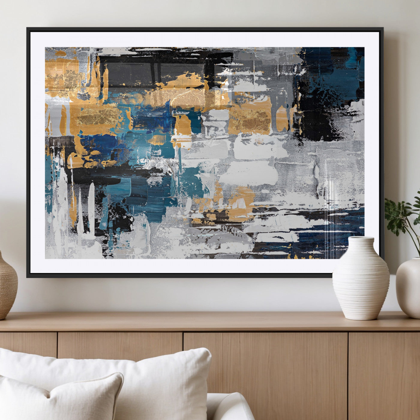 57708-MGV-CV-36X24-Blue and Gold Abstract Canvas Wall Art – Triptych Modern Painting for Living Room – Framed and Ready to Hang