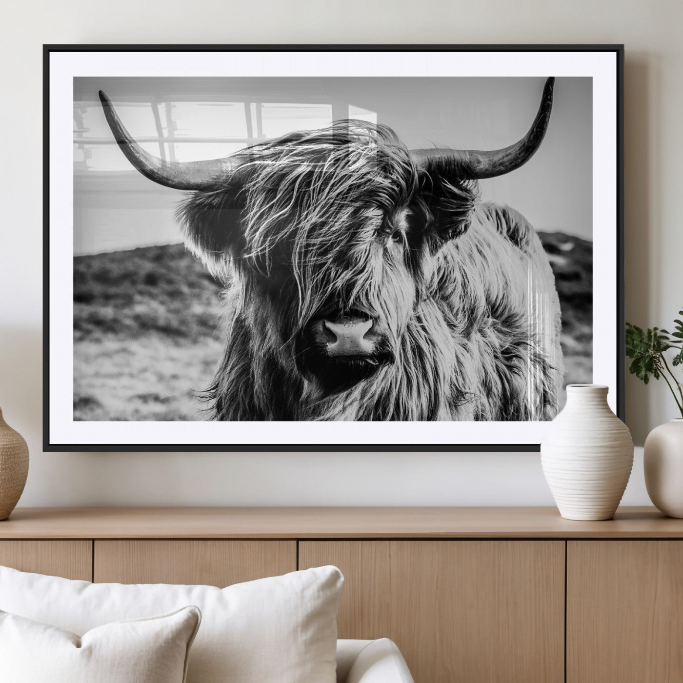36979-MGV-CV-36X24 - Handsome Scottish Cow Black and White Wall Decor Canvas Art Print Extra Large Wall Art Highland Cattle Canvas Picture Animal Art Nature Photography High Quality Original Canvas Framed Ready to Hang