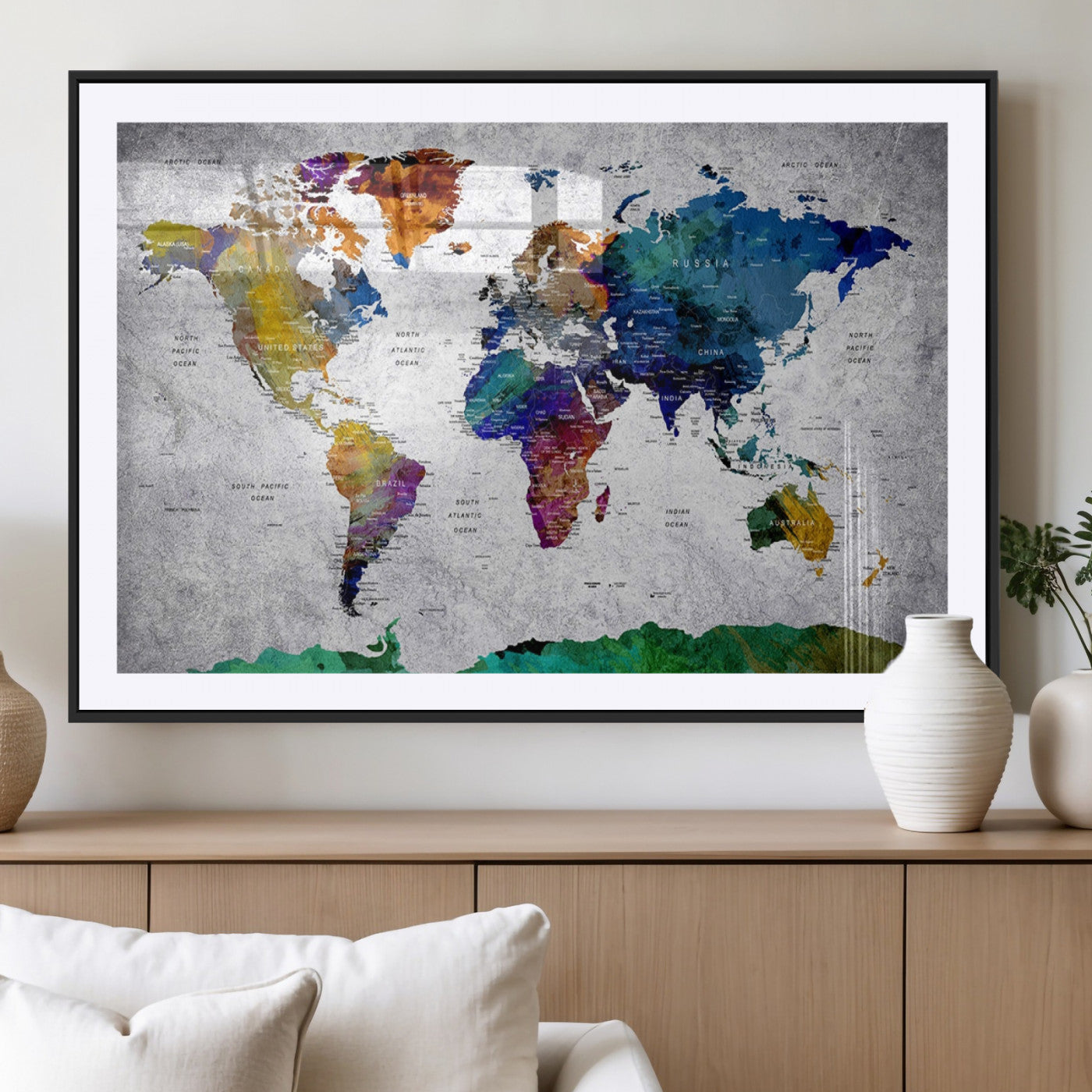 MGC-FP-36x24 - Push Pin World Map Canvas Print – Framed Wall Art for Couples to Track Their Travels – Anniversary