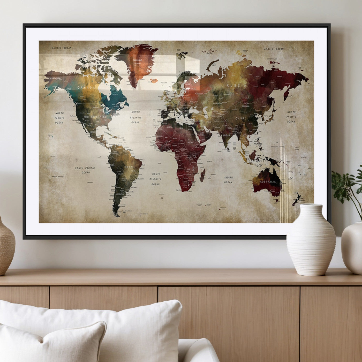 MGC-FP-36x24 - Large World Map Wall Art Canvas Print, Framed Push Pin Map Art Picture Print, Abstract Traveller Map Perfect Modern Decor Artwork