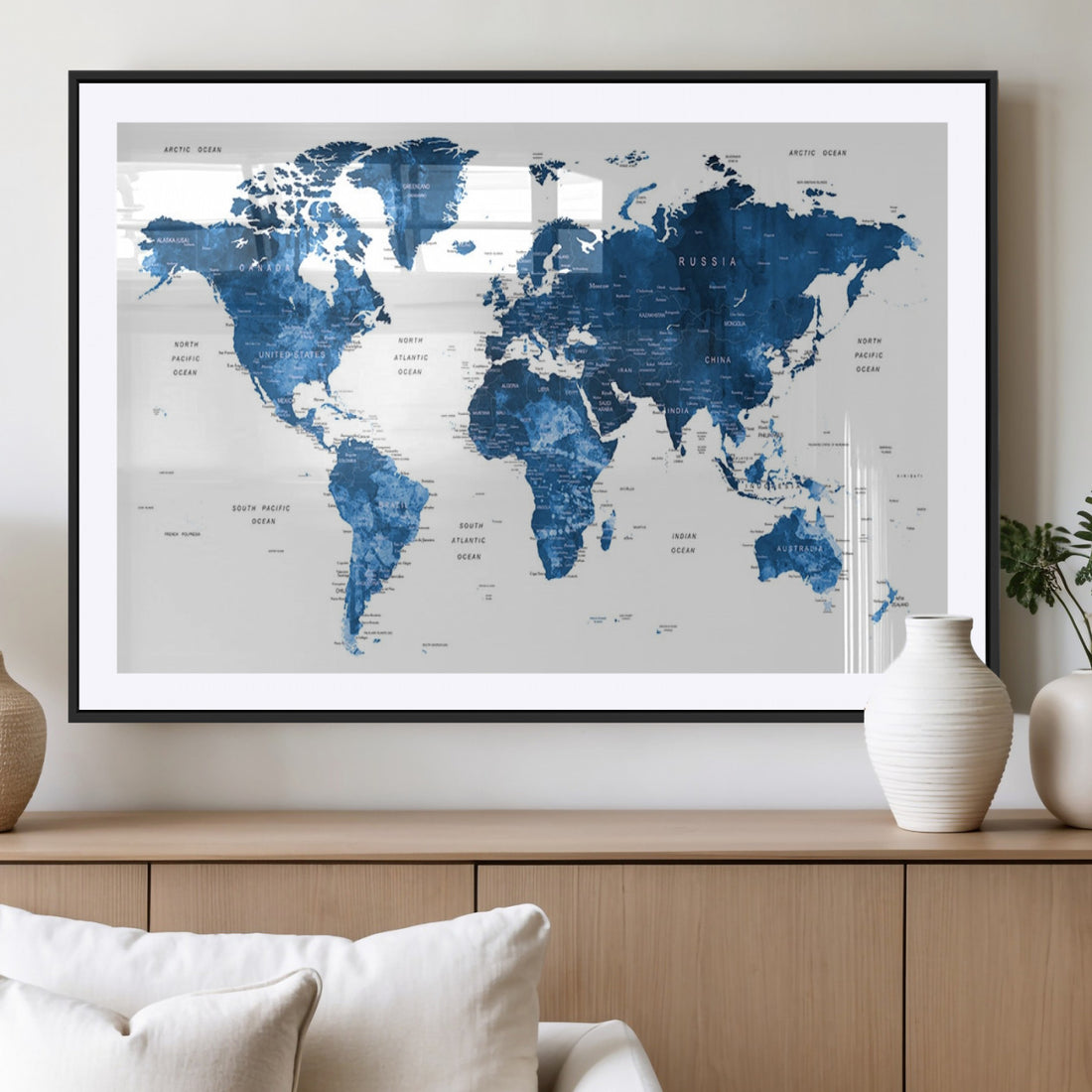 Navy Blue Watercolor World Map Canvas Print | Framed Detailed Map of the World