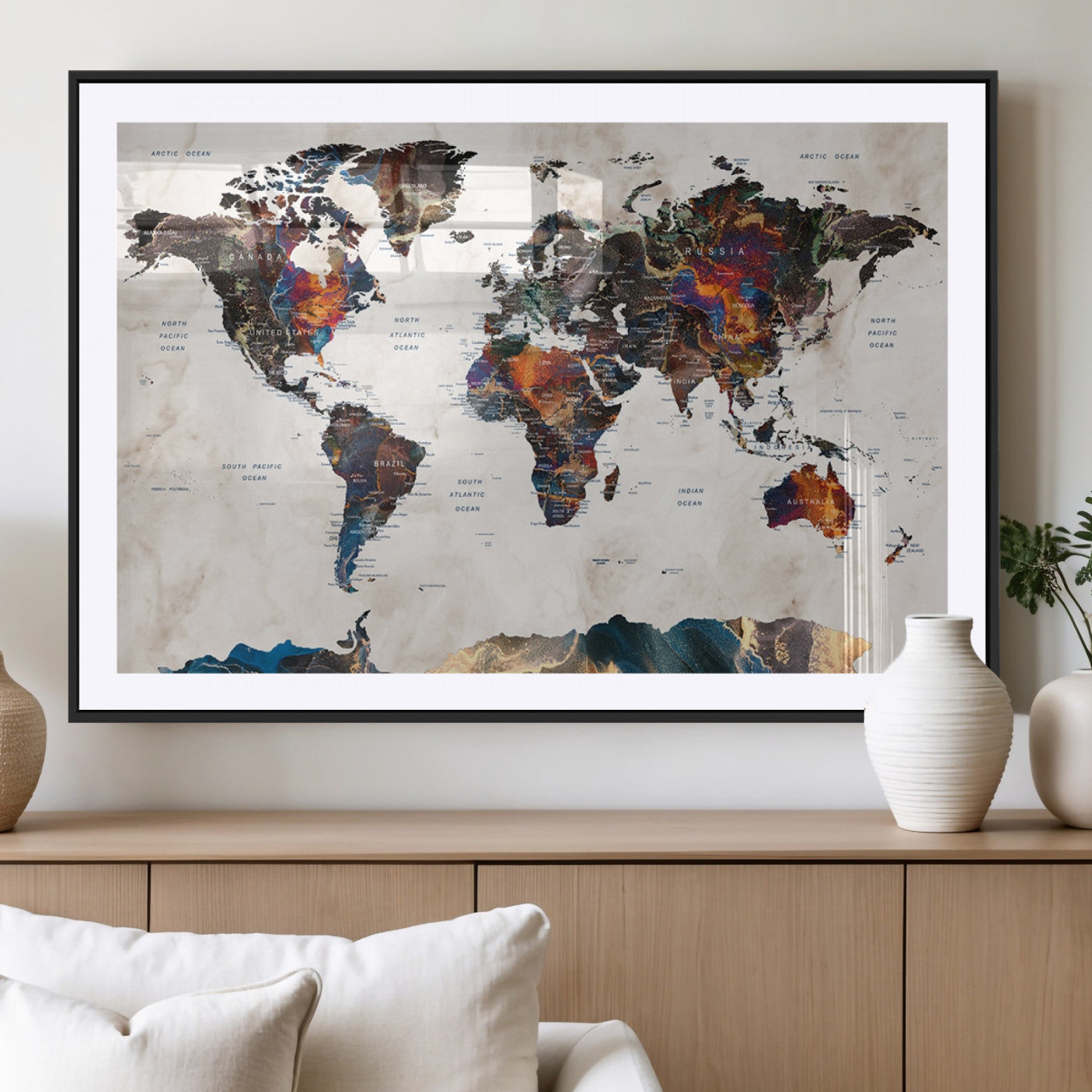 MGC-FP-36x24 - Push Pin World Map Canvas Print – Framed Wall Art for Couples to Track Their Travels – Anniversary