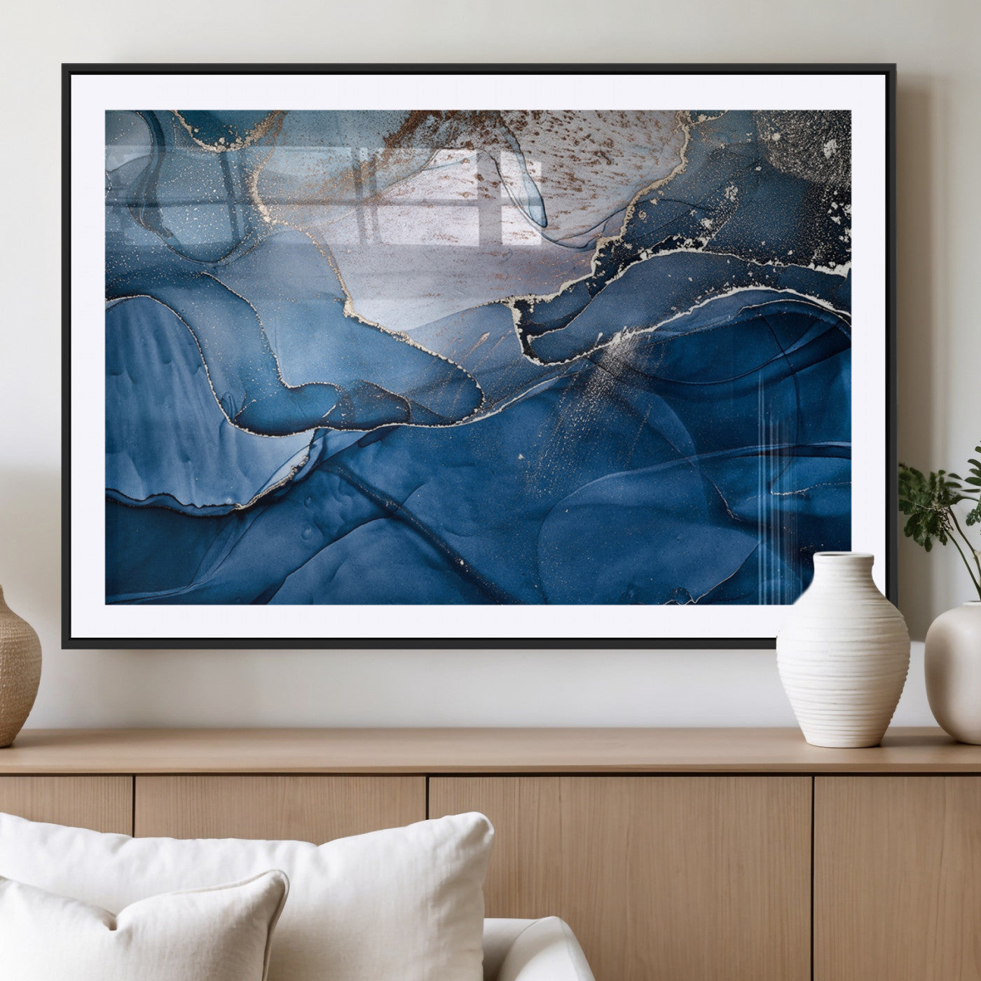 27810-MGC-FP-36x24_Black-Navy Blue Canvas Art Abstract Print – Elegant Triptych Modern Art Print – Contemporary Decor for Living Room or Office