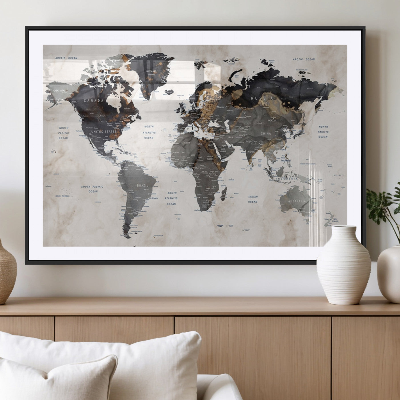 MGC-FP-36x24 - Push Pin World Map Canvas Print – Framed Wall Art for Couples to Track Their Travels – Anniversary