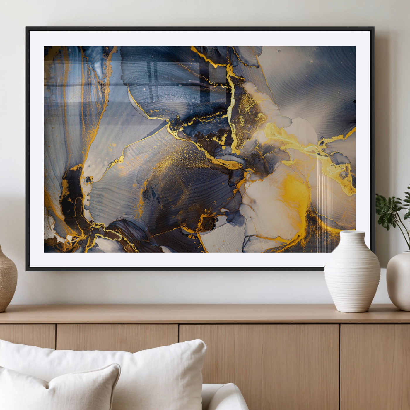 42100-MGV-CV-36X24-Large Abstract Wall Art Print - Gold and Blue Abstract Canvas Wall Art | Fluid Ink Modern Luxury Wall Decor for Living Room Decor