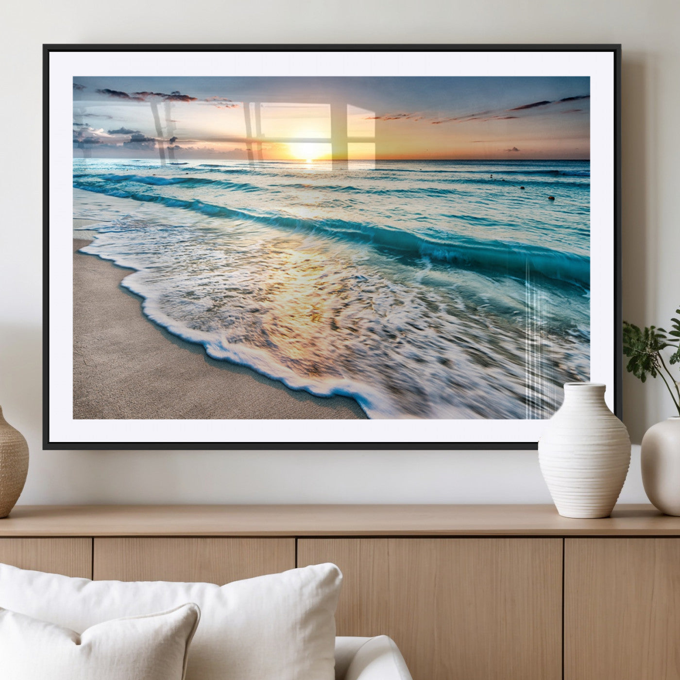 MGC-FP-36x24 - Sunset Beach Waves Canvas Wall Art – 5-Panel Ocean Sunset Print – Coastal Decor for Living Room or