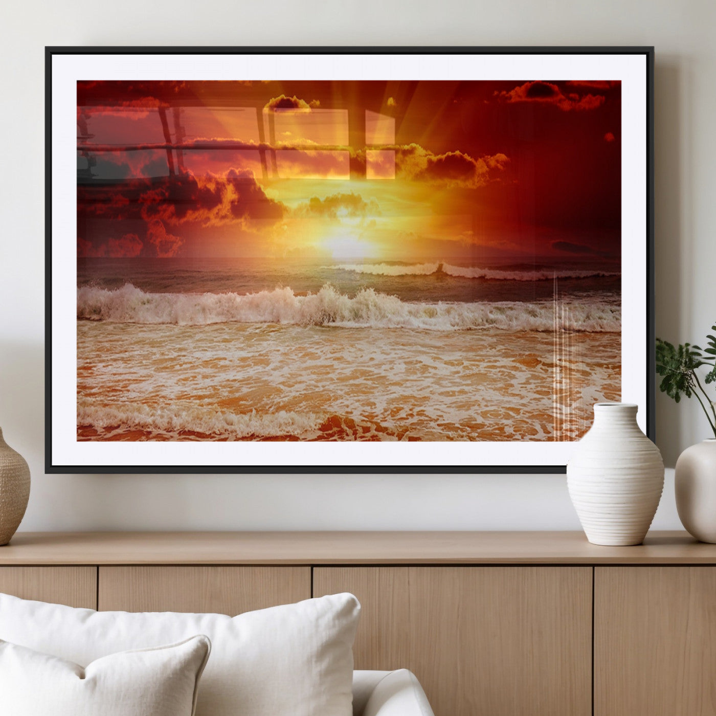MGC-FP-36x24 - Red Sunset Ocean Beach Canvas Wall Art Beach Canvas, Coastal Sunset Print
