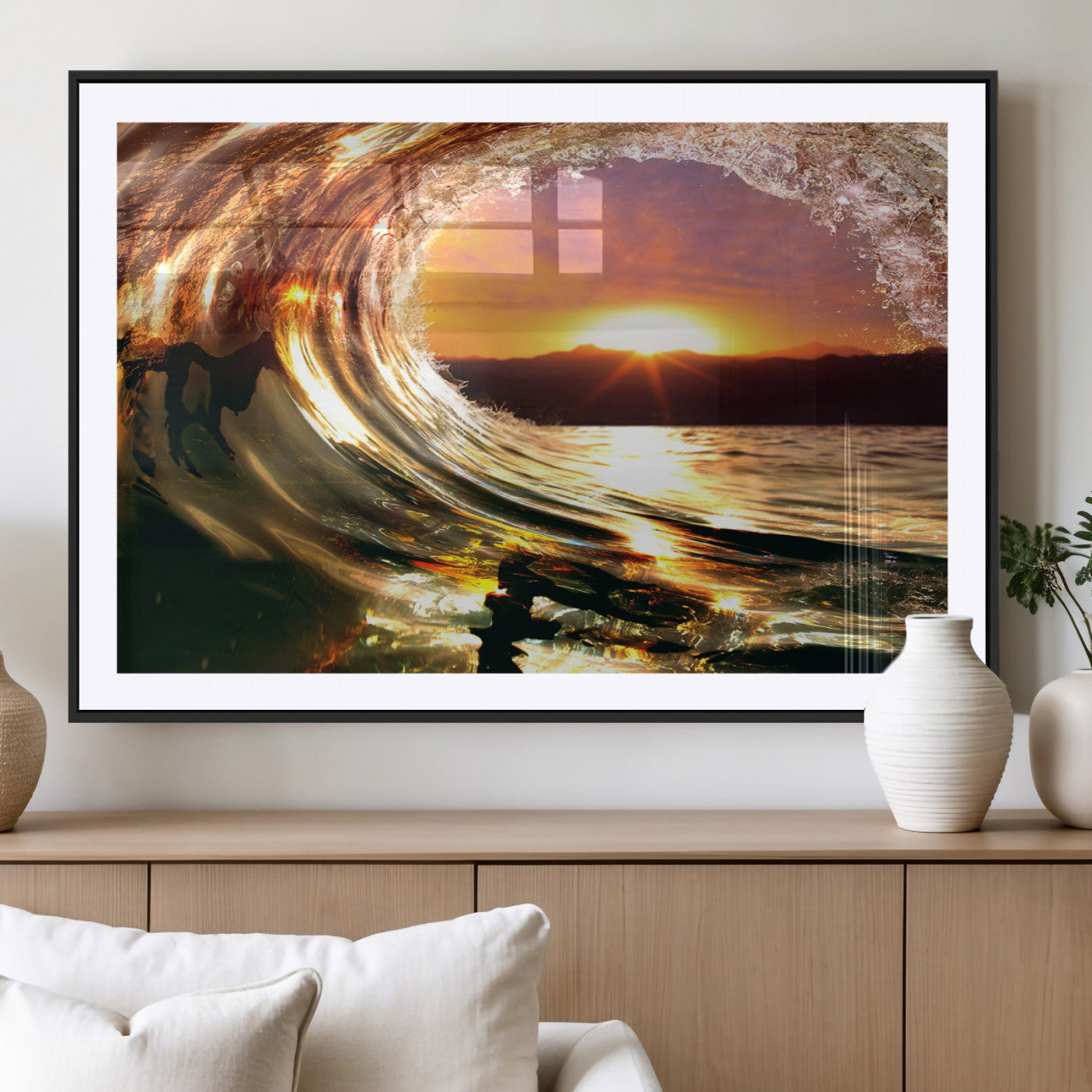 MGC-FP-36x24 - Golden Wave Sunset Triptych Canvas Art, Giclee Canvas Print of Ocean Wave and Sunset, Framed Ocean