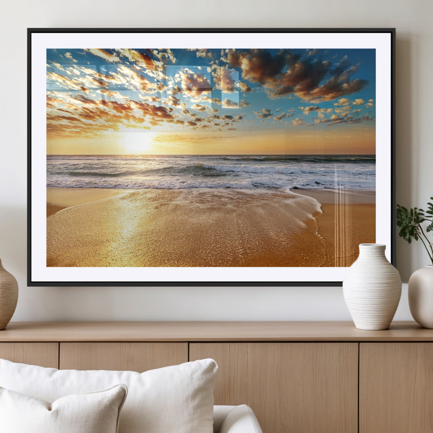 MGC-FP-36x24 - Golden Sunset Beach Print Canvas Wall Art, Giclee Canvas Print with Canon Print Quality, Triptych