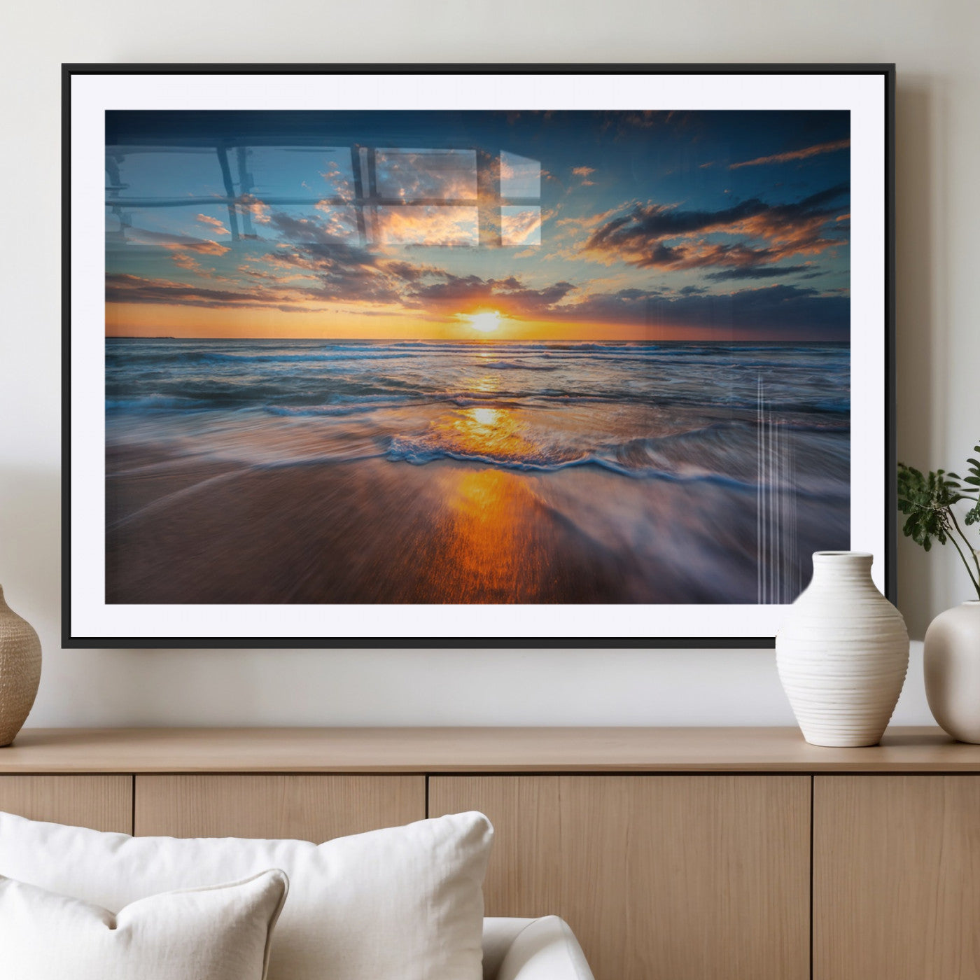 MGC-FP-36x24 - Sunset on the Ocean Beach with Waves, Reflections on Sand, Coastal Wall Art Print, Beach Wall Art,