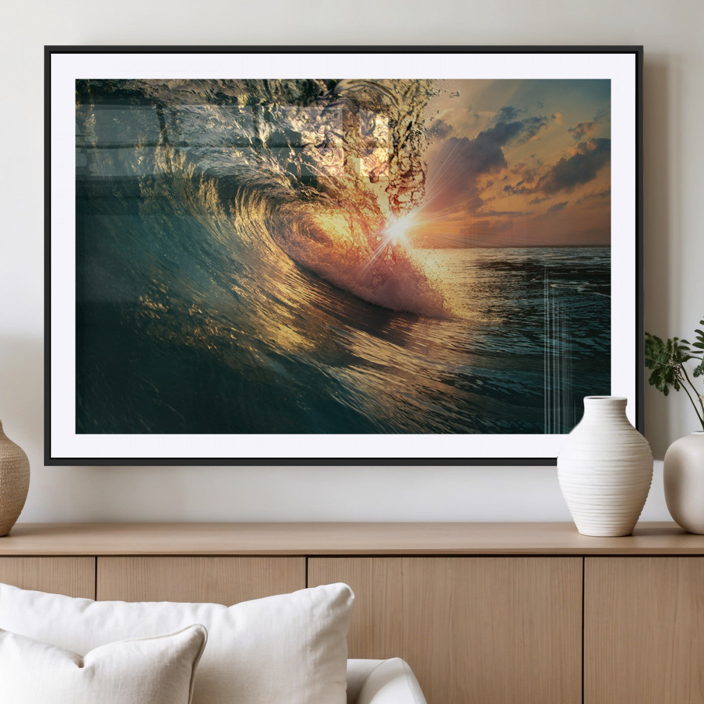 MGC-FP-36x24 - Ocean Wave Sunset Canvas Wall Art – Triptych Seascape Print – Framed and Ready to Hang for Living