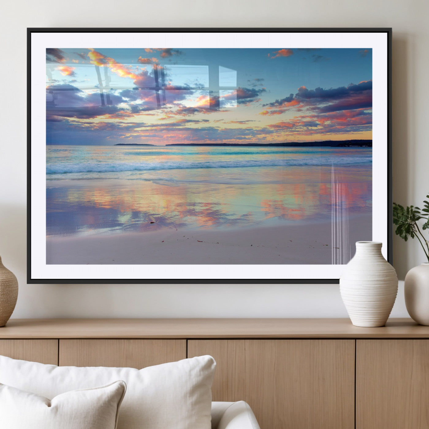 MGC-FP-36x24 - Tranquil Pastel Sunset Beach Triptych Canvas Art, Soothing Coastal Ocean Shoreline Giclee Print,