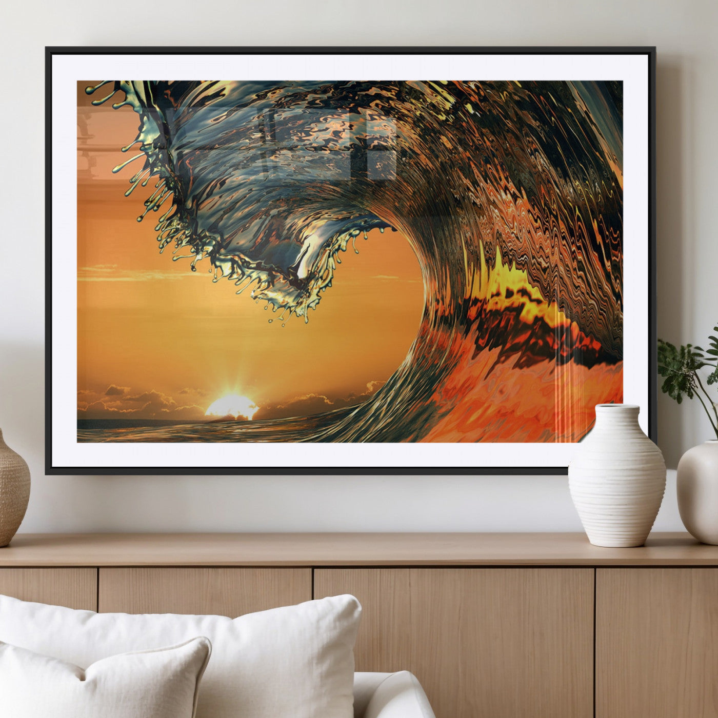 96977-MGC-FP-36x24_Black-Surf Wave Sunset Canvas Wall Art Print, 3-Panel Ocean Coastal Wall Art Print, Ocean Decor for