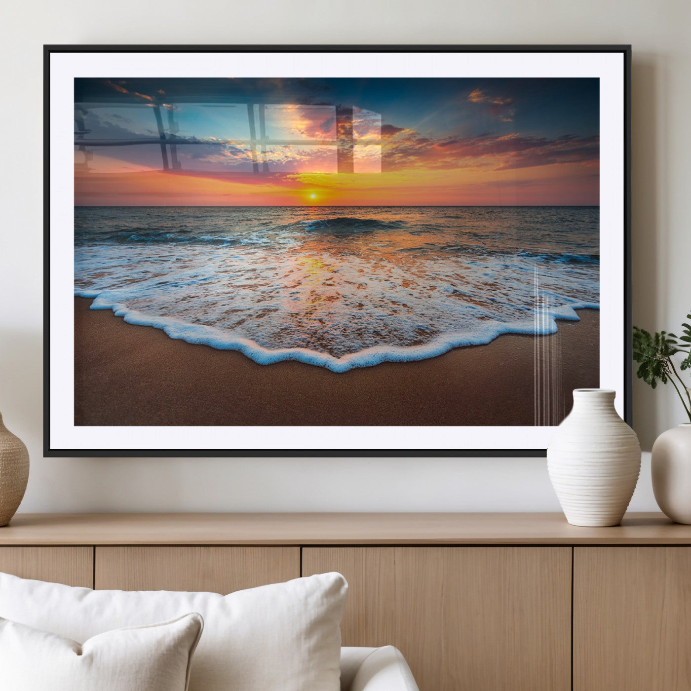 MGC-FP-36x24 - Sunset Beach Canvas Wall Art – Colorful Ocean Waves Triptych – Coastal Decor for Living Room or