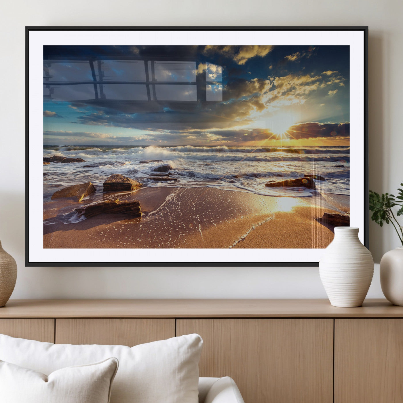 MGC-FP-36x24 - Golden Hour Beach Sunset Canvas Triptych, Ocean Waves and Rocks Wall Art for Coastal Home Decor