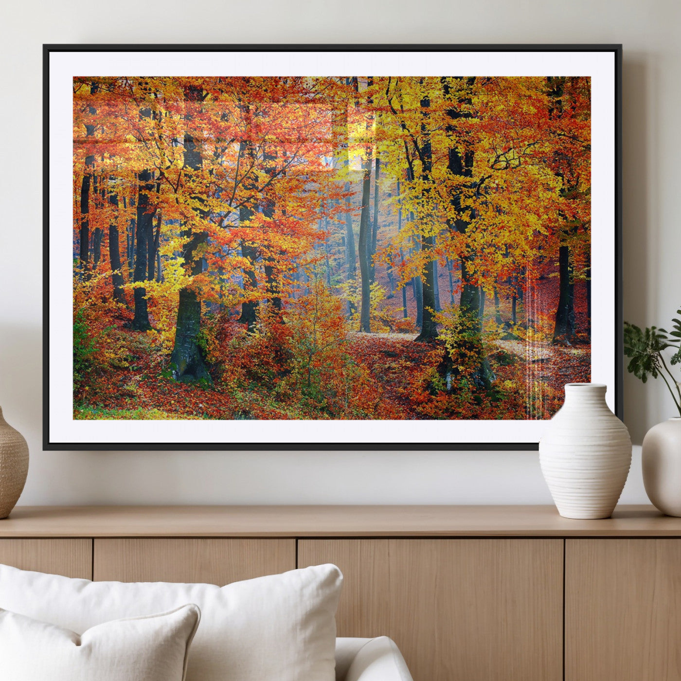 MGC-FP-36x24 - Autumn Red Forest Triptych Canvas Wall Art Print, Forest Wall Decor, Fall Landscape Art | Season