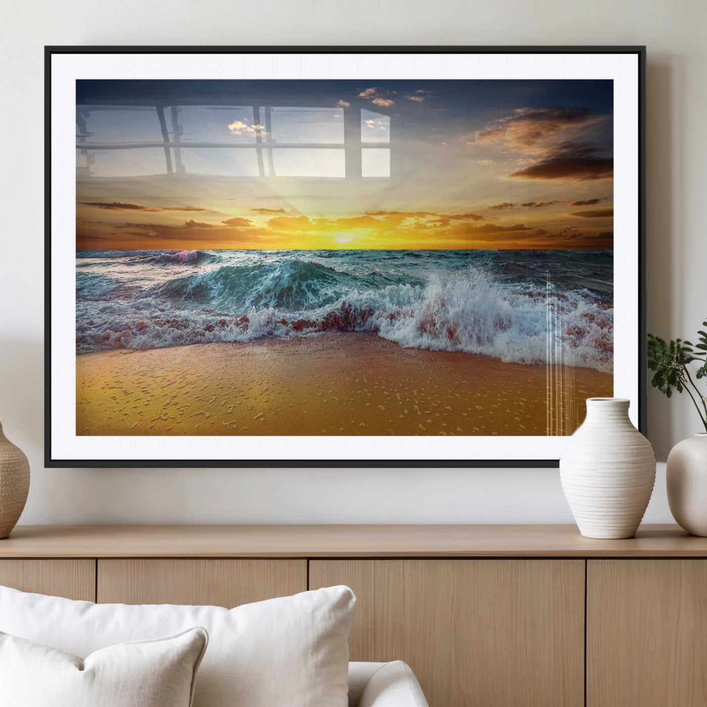 73401-MGC-FP-36x24_Black-Golden Sunset Ocean Waves Wall Art Canvas Print – Multi Panel Beach Canvas Print Set – Large Coastal