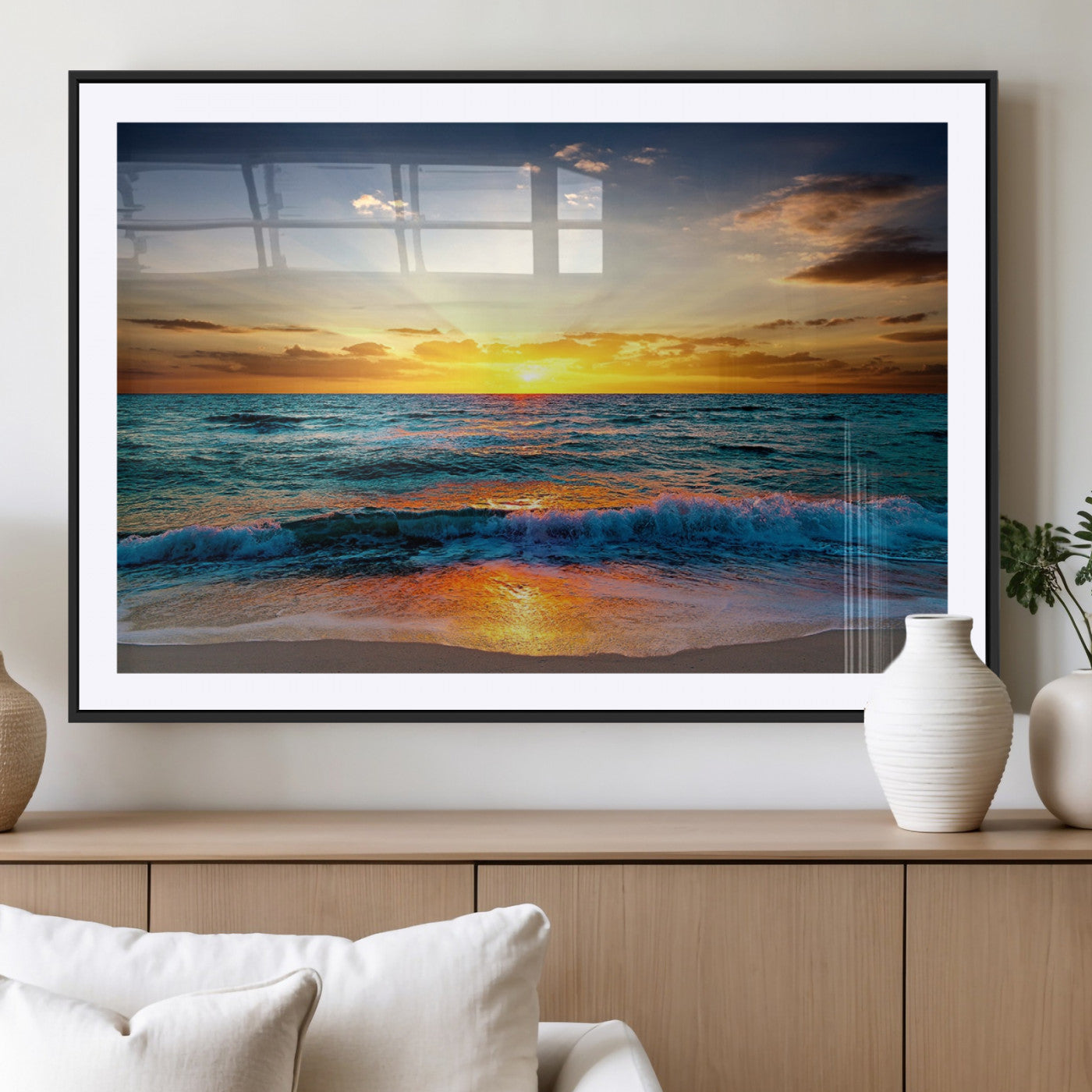 -Vibrant Ocean Sunrise Over Golden Beach Waves, Giclee Canvas Wall Art Set, High-Quality Stretched