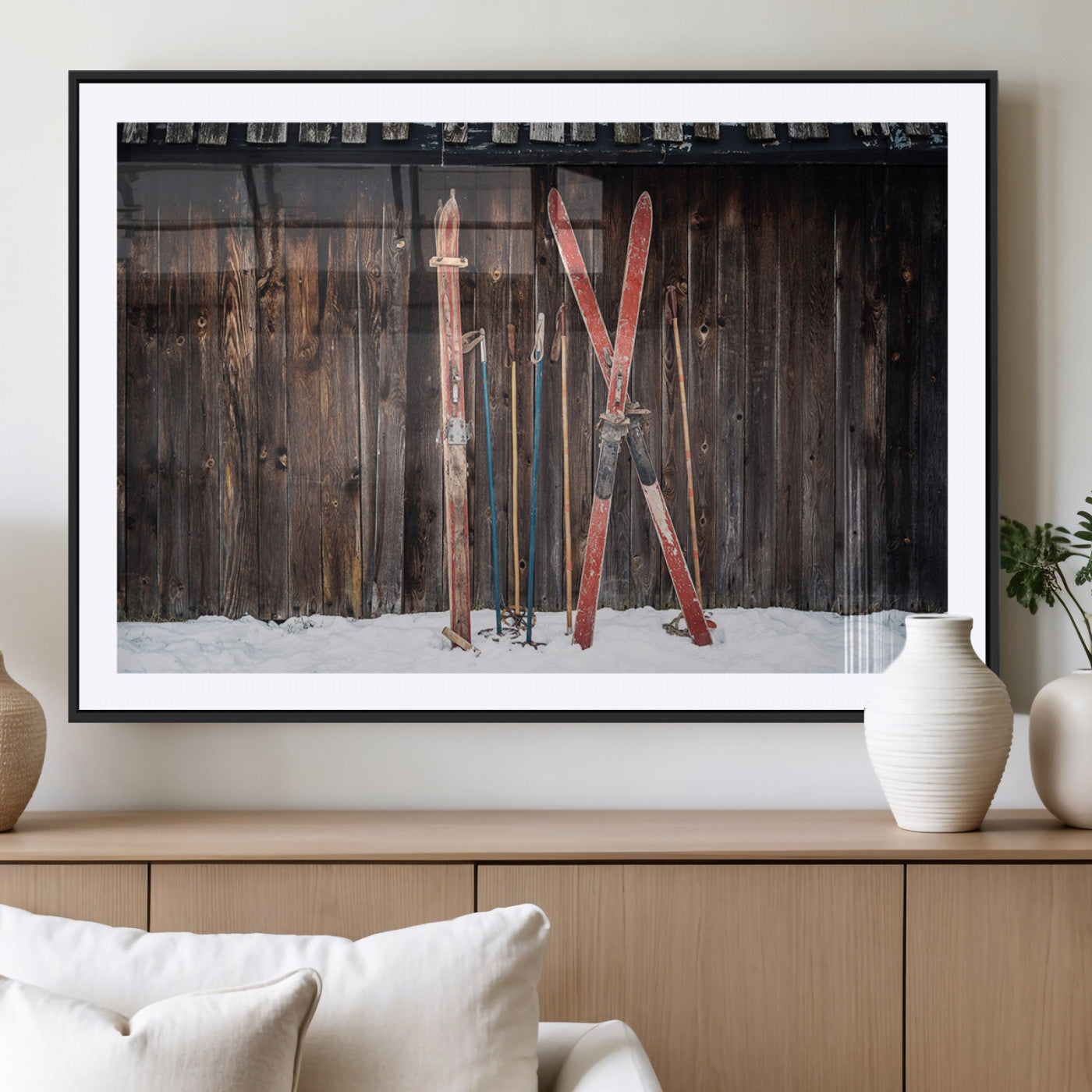 MGC-FP-36x24 - Vintage Ski Gear Canvas Print, Vintage Ski Gear Against Wooden Cabin Wall, Rustic Winter Sports