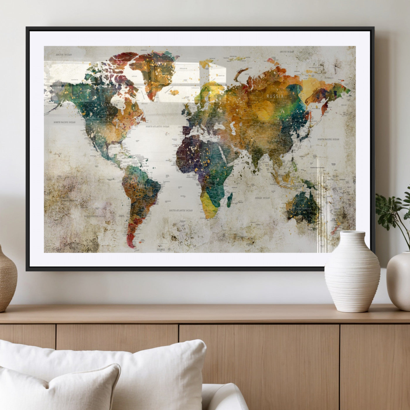 MGC-FP-36x24 - Push Pin World Map Canvas Print – Framed Wall Art for Couples to Track Their Travels – Anniversary