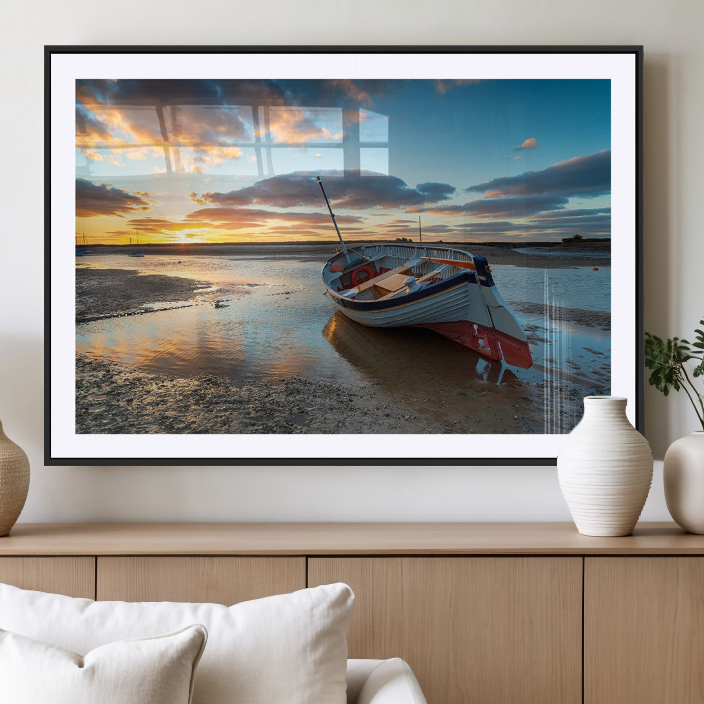 MGC-FP-36x24 - Small Boat At The Beach Sunset Wall Art, Boat Sunset Wall Art Canvas Print