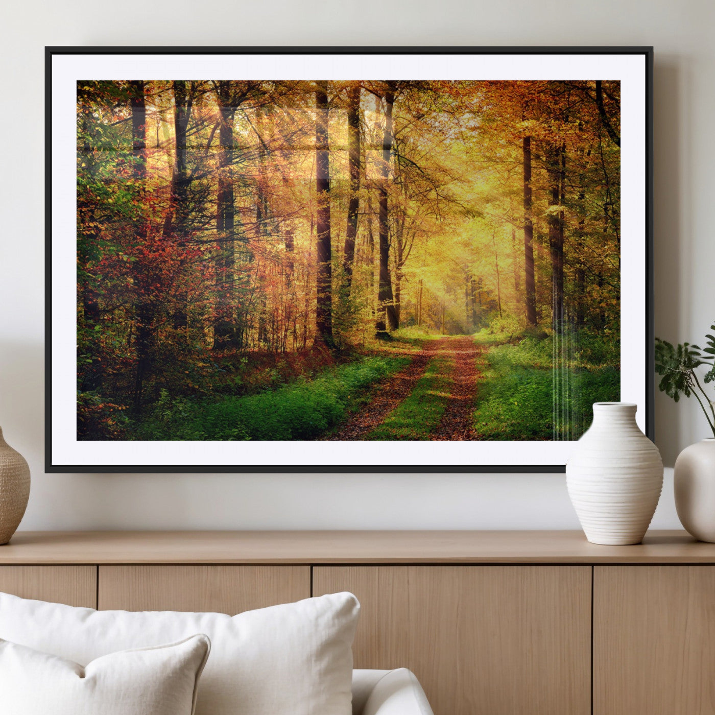 MGC-FP-36x24 - Forest Fall Wall Art Print - Sunlight Through Trees Wall Art Canvas Print
