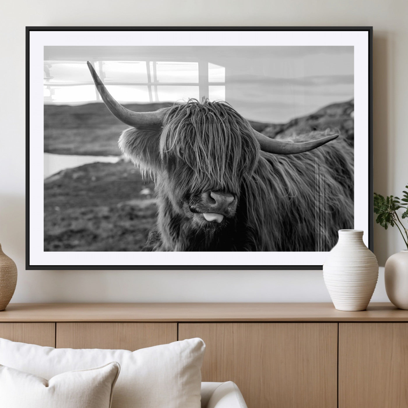 MGC-FP-36x24 - Longhorn Steer Canvas Print Wall Art, Highland Cow Canvas Wall Art – Black and White Animal Portrait