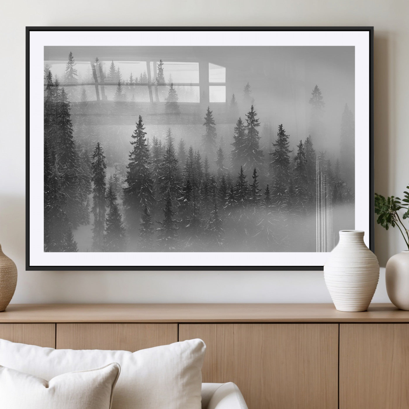 MGC-FP-36x24 - Black and White Forest Wall Art Print – Misty Pine Tree Canvas Print – Winter Woodland Nature Artwork – Perfect for Minimalist Home Decor