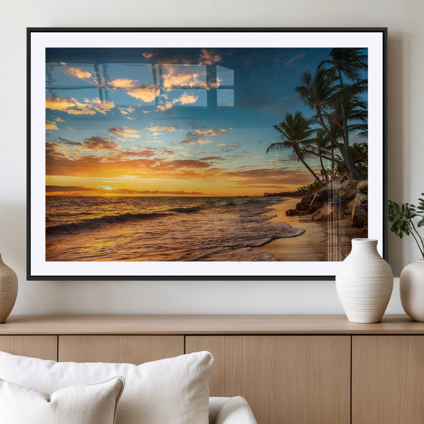 MGC-FP-36x24 - Tropical Beach Sunset Wall Art Print – Palm Tree Coastal Canvas Print – Ocean Seascape Artwork – Perfect for Tropical Modern Home Decor