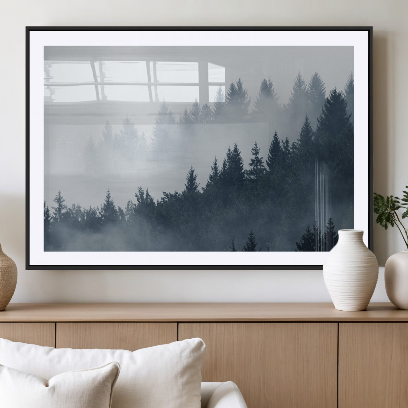 MGC-FP-36x24 - Misty Forest Wall Art Print – Foggy Pine Tree Canvas Print – Dark Woodland Nature Artwork – Perfect for Minimalist and Modern Home Decor