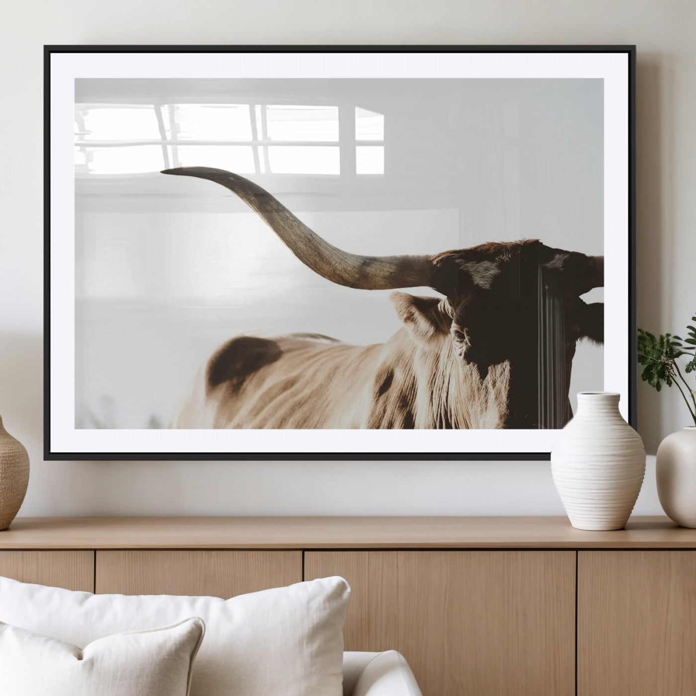 MGC-FP-36x24 - Texas Longhorn Wall Art Canvas Print | 3-Panel Large Longhorn Canvas Print for Living Room, Framed