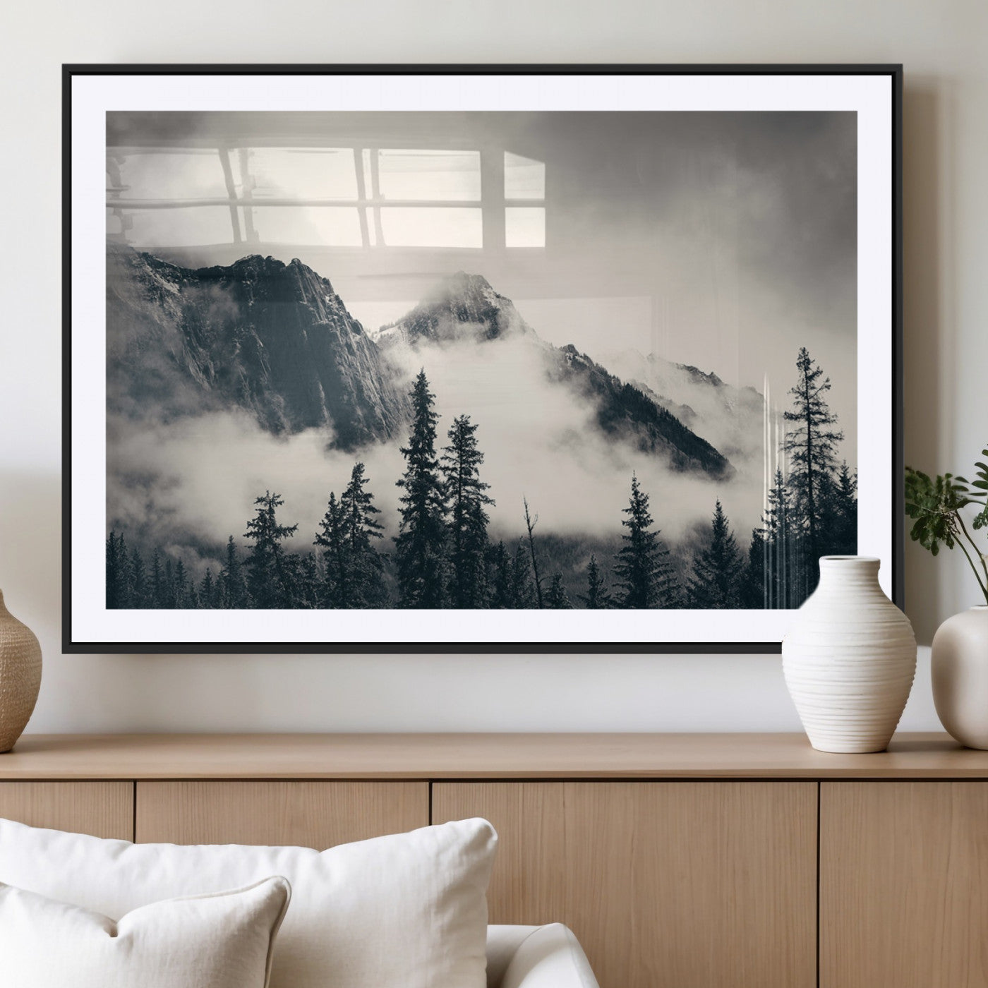MGC-FP-36x24 - Forest Mountain Print - Black and White Canvas Wall Art with Misty Forest Design for Elegant and
