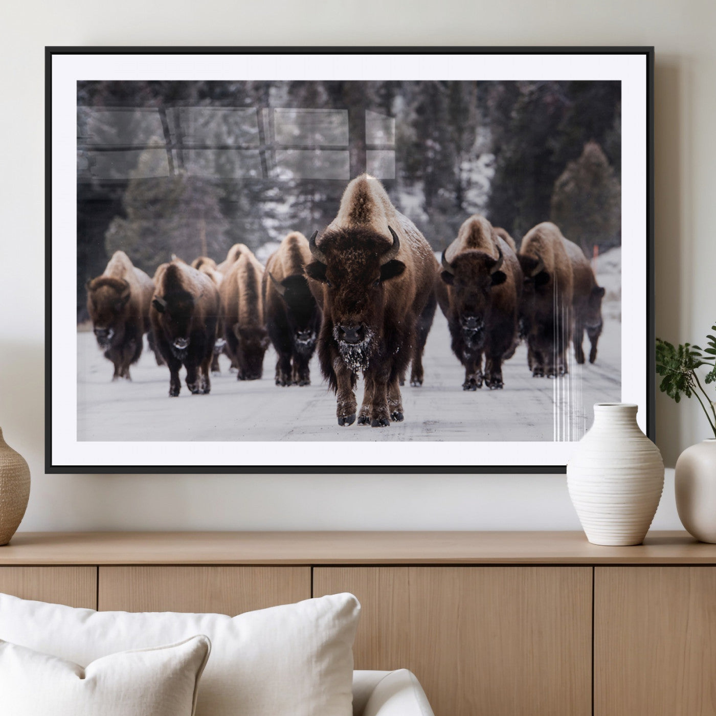 MGC-FP-36x24 - Bison Wall Art Canvas Print- Bison Herd Canvas Wall Art – Majestic Wildlife Photography – Framed and