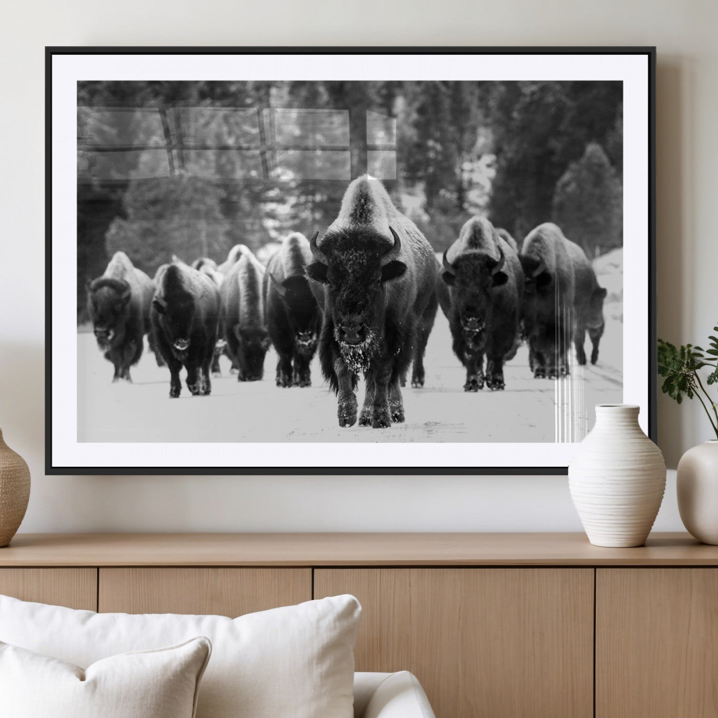 62434-MGV-CV-36X24 - Bison Herd in Snow Wall Art Canvas Print | Rustic Western Bison Wall Art for Decor for Living Room,
