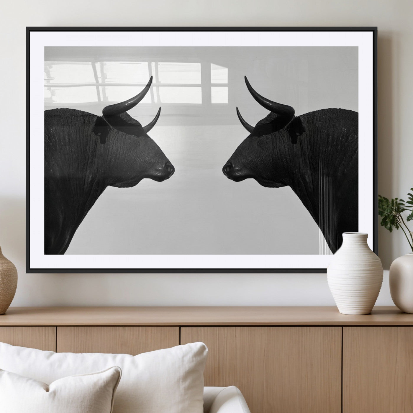 -Spanish Bull Art - Framed Black and White Bull Canvas Print for Modern Rustic Home or Office Decor