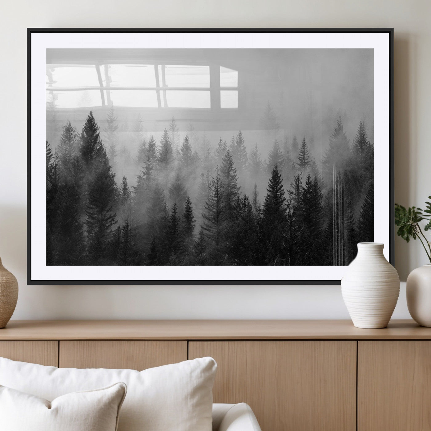 MGC-FP-36x24 - Foggy Black and White Forest Canvas Wall Art, 3 Panel Misty Pine Trees Canvas Print for Living Room,
