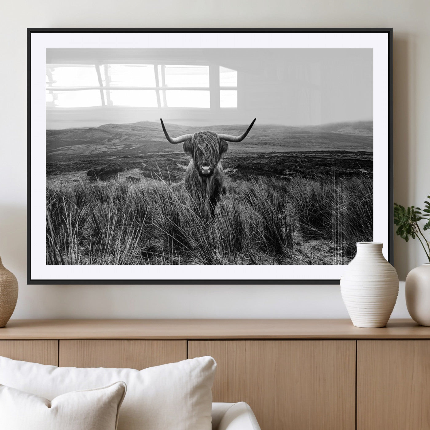 MGC-FP-36x24 - Black and White Highland Cow Canvas Wall Art, Longhorn Triptych Western Wall Decor for Cabin -