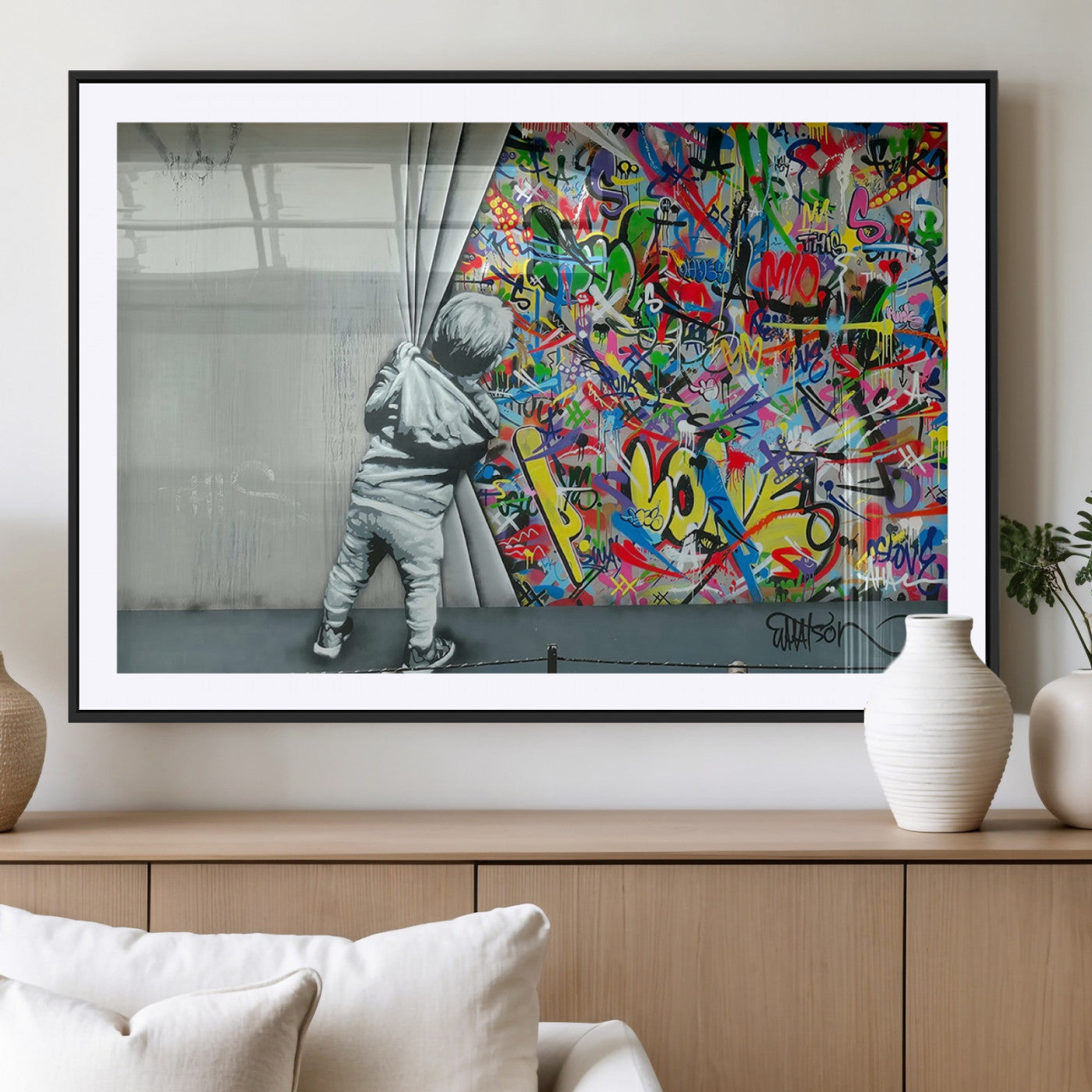 MGC-FP-36x24 - Banksy Colorful Street Graffiti Canvas Wall Art Print, Modern Art Triptych, Child and Graffiti Wall,