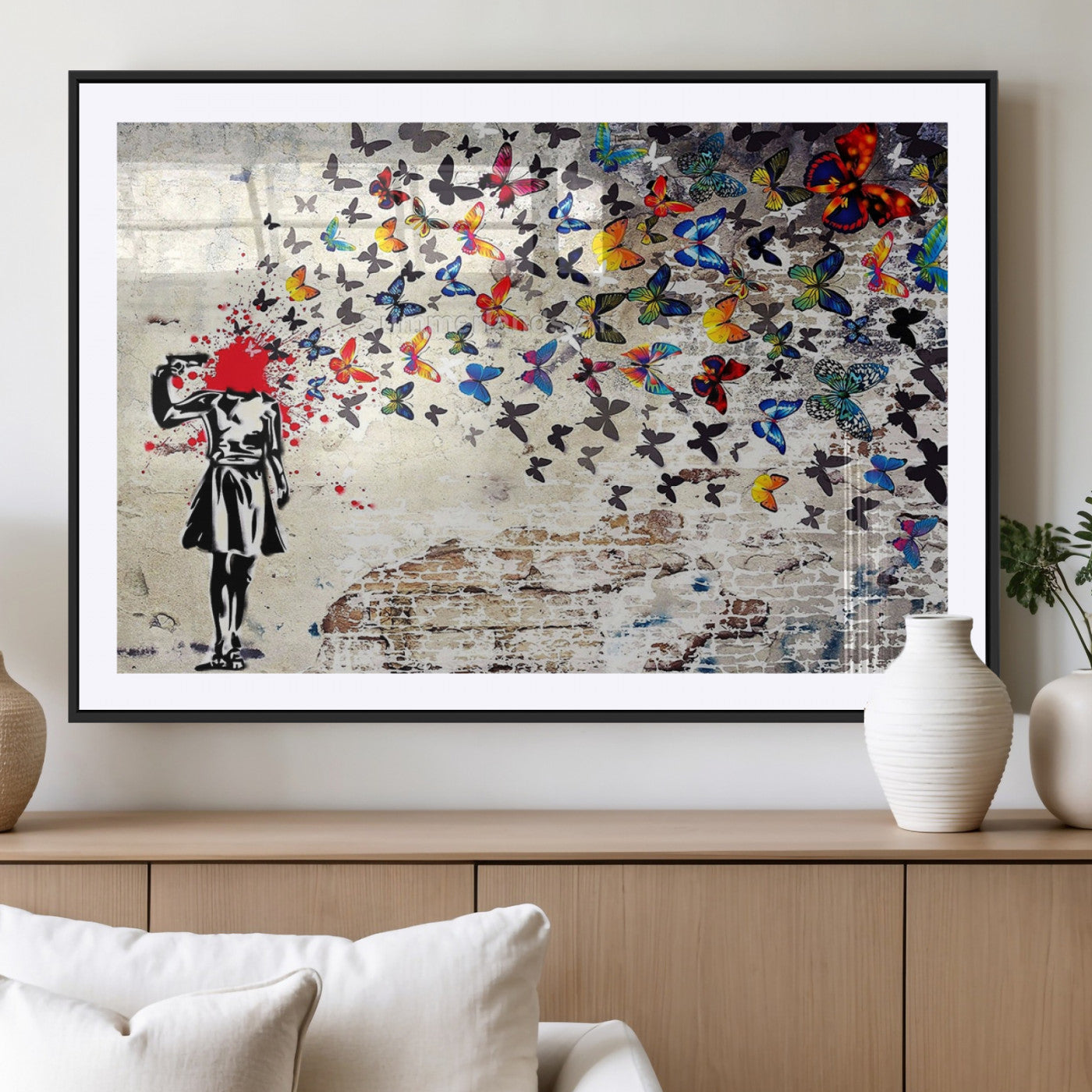 MGC-FP-36x24 - Banksy Art Butterfly Girl Explosion Canvas Art – Vibrant Urban Graffiti for Modern Interiors - Ready