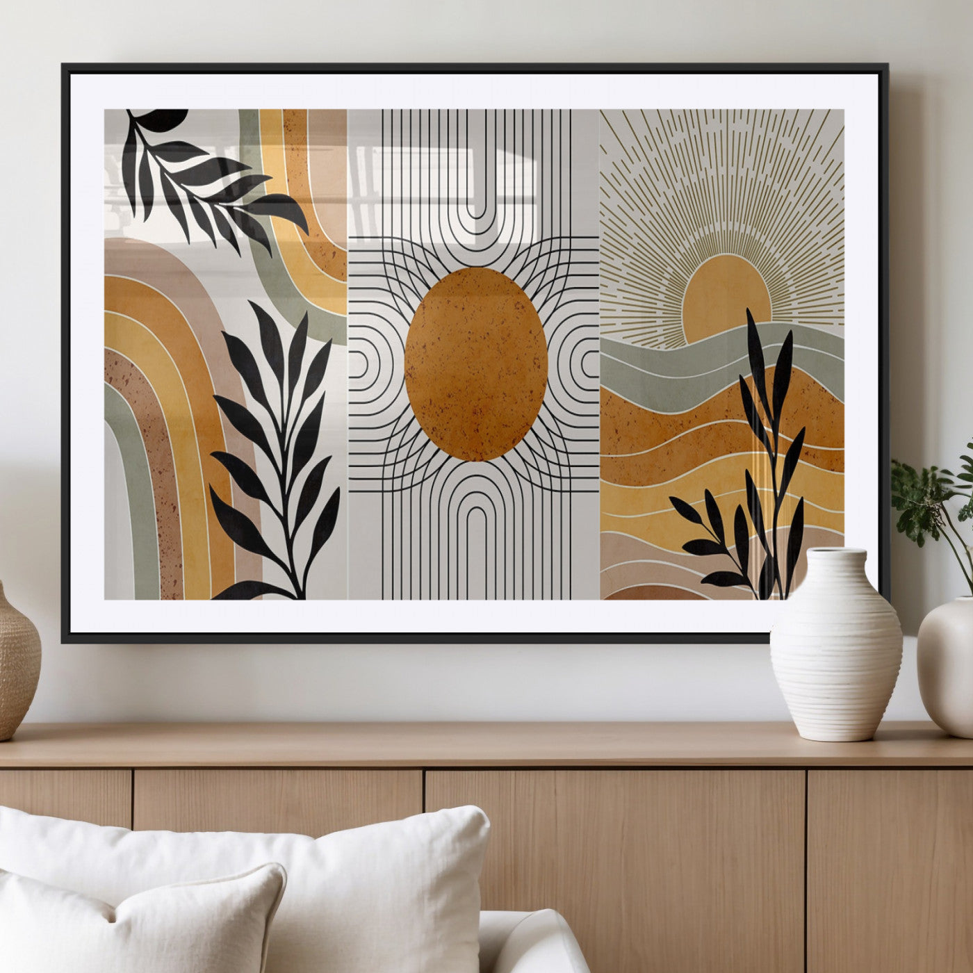 MGC-FP-36x24 - Modern Boho Sun and Leaf Abstract Art – 3-Panel Giclée Canvas for Mid-Century Modern or Bohemian