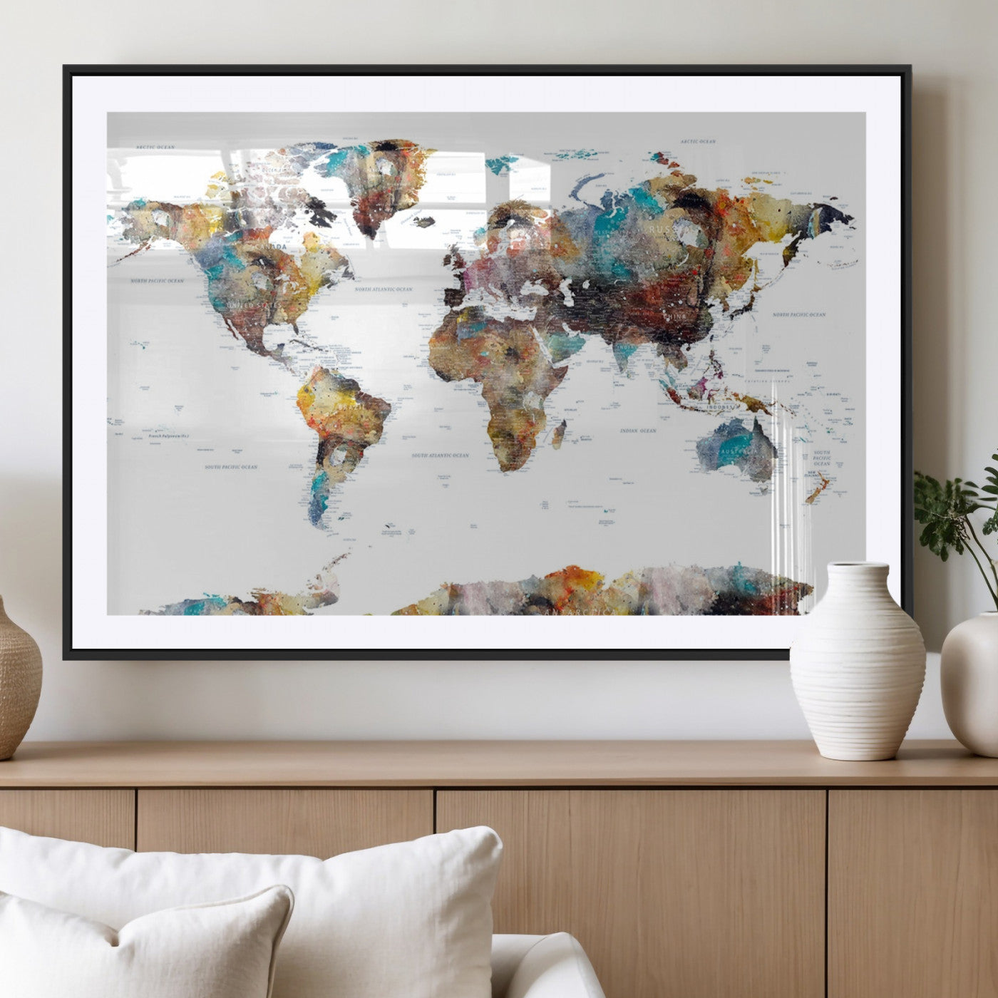 MGC-FP-36x24 - Push Pin World Map Canvas Print – Framed Wall Art for Couples to Track Their Travels – Anniversary