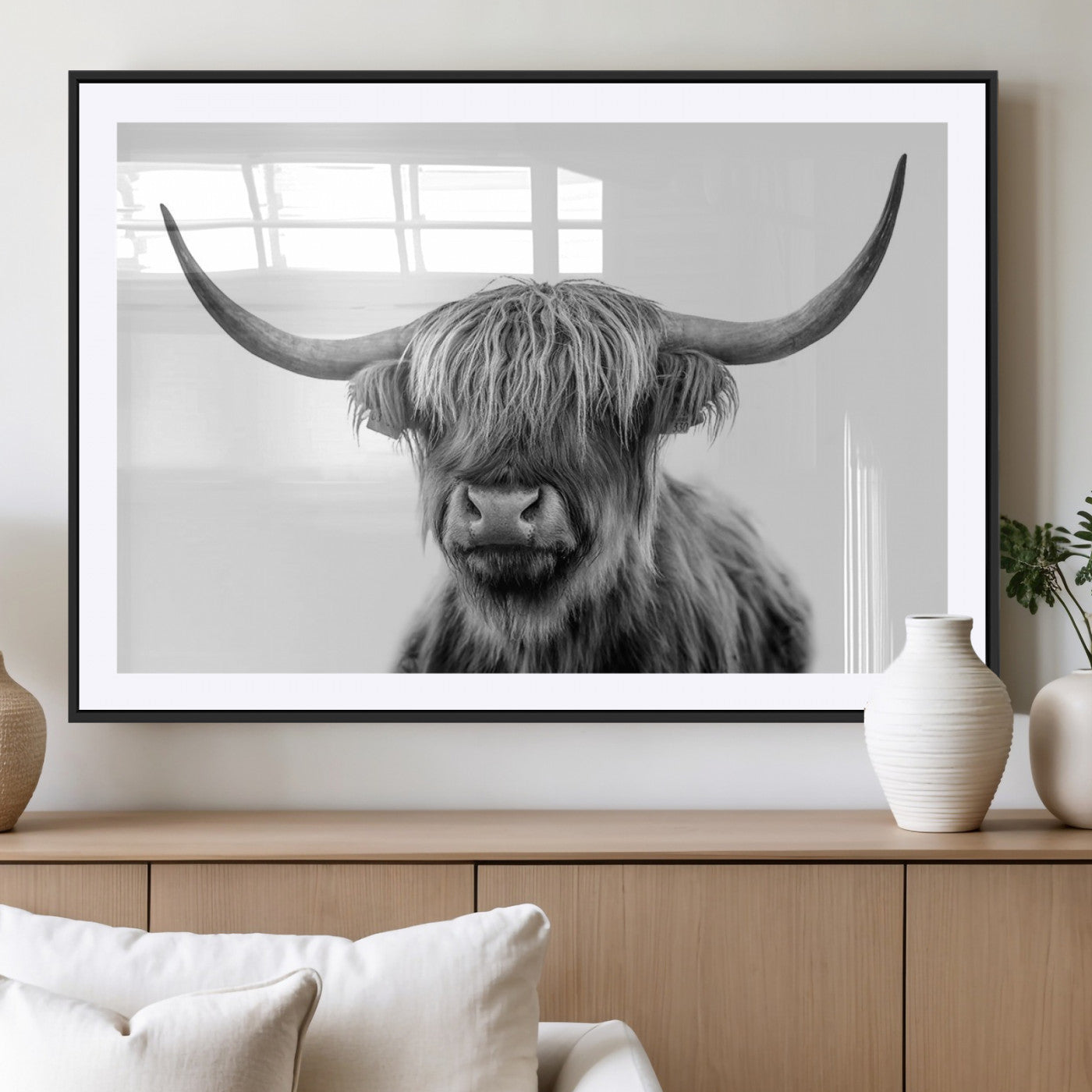 MGC-FP-36x24 - Grayscale Scottish Highland Cow Cattle Art Print Farmhouse Wall Art Canvas Print