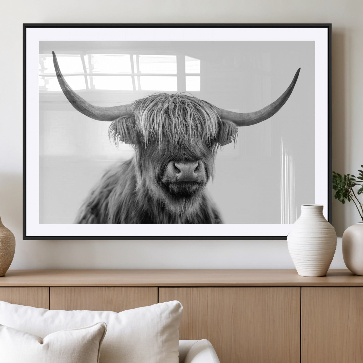 MGC-FP-36x24 - Scottish Highland Cow Cattle Art Print Wall Art Canvas Print for Farmhouse Decor, Framed Scottish