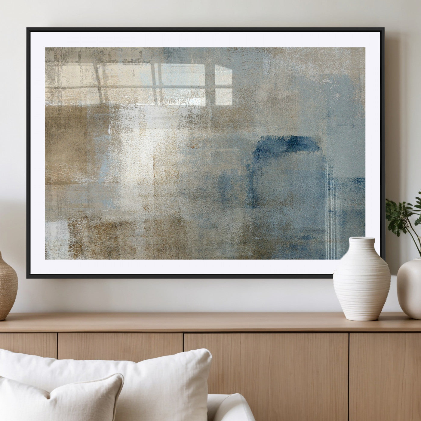 MGC-FP-36x24 - Abstract Blue and Beige Wall Art, Modern Minimalist Canvas Print Set, Giclee Textured Art, Large